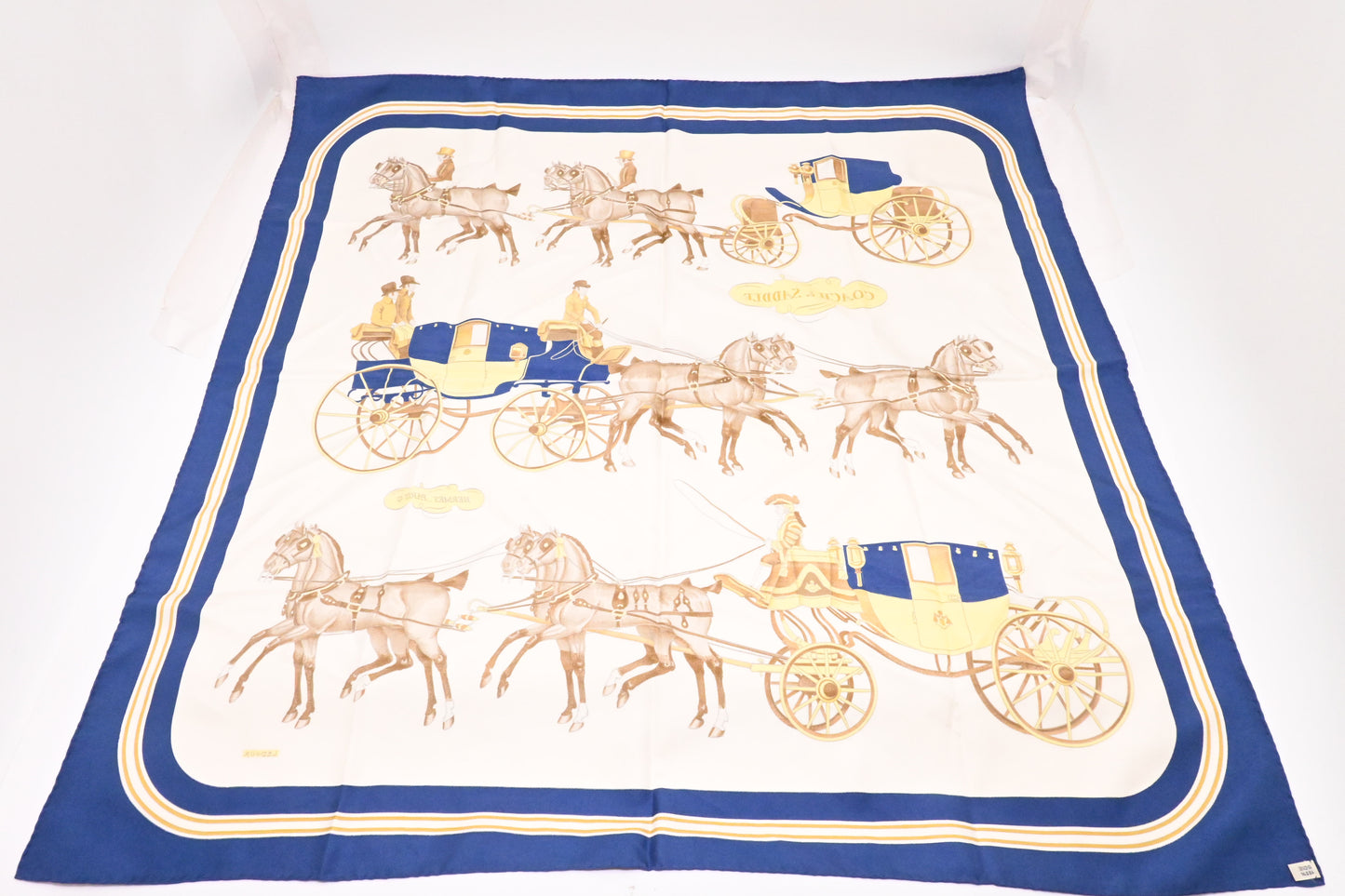 Hermes 'Coach and Saddle' Carre 90 in White and Blue Silk