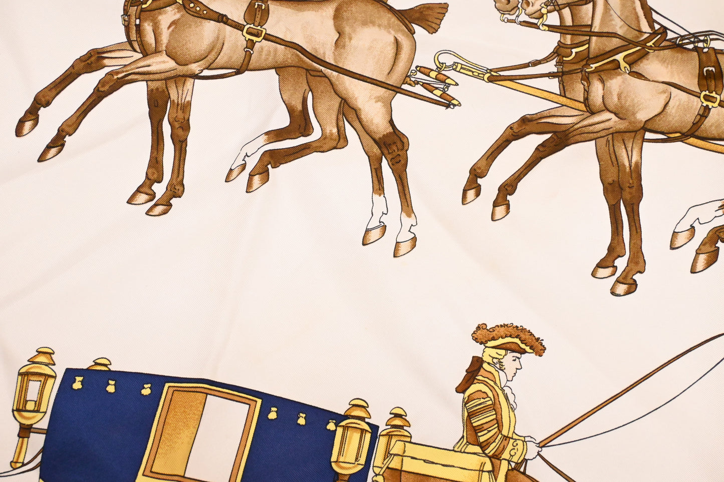 Hermes 'Coach and Saddle' Carre 90 in White and Blue Silk