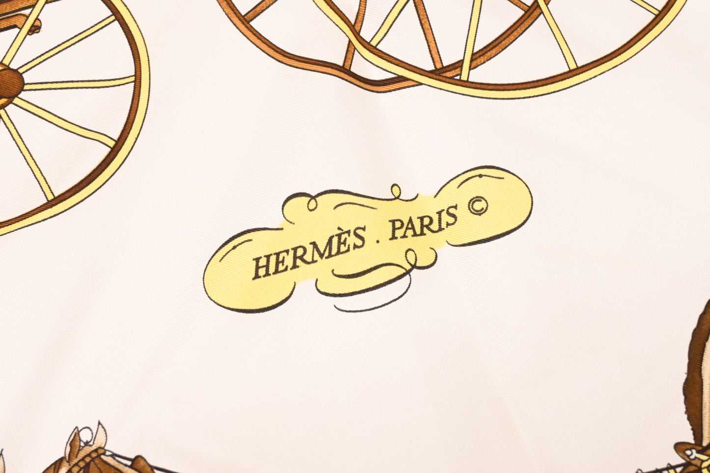 Hermes 'Coach and Saddle' Carre 90 in White and Blue Silk