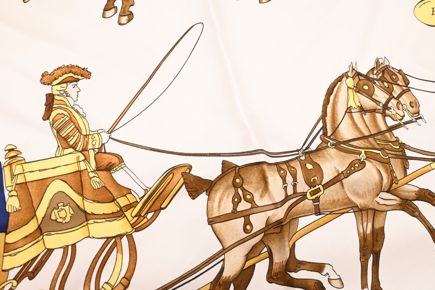 Hermes 'Coach and Saddle' Carre 90 in White and Blue Silk