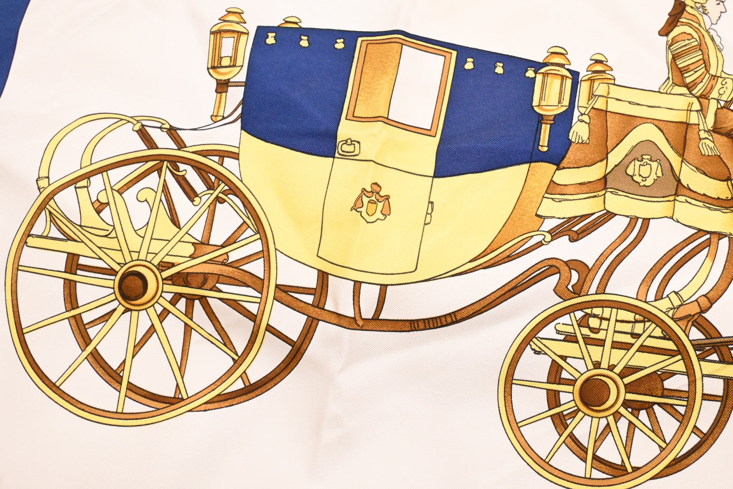 Hermes 'Coach and Saddle' Carre 90 in White and Blue Silk