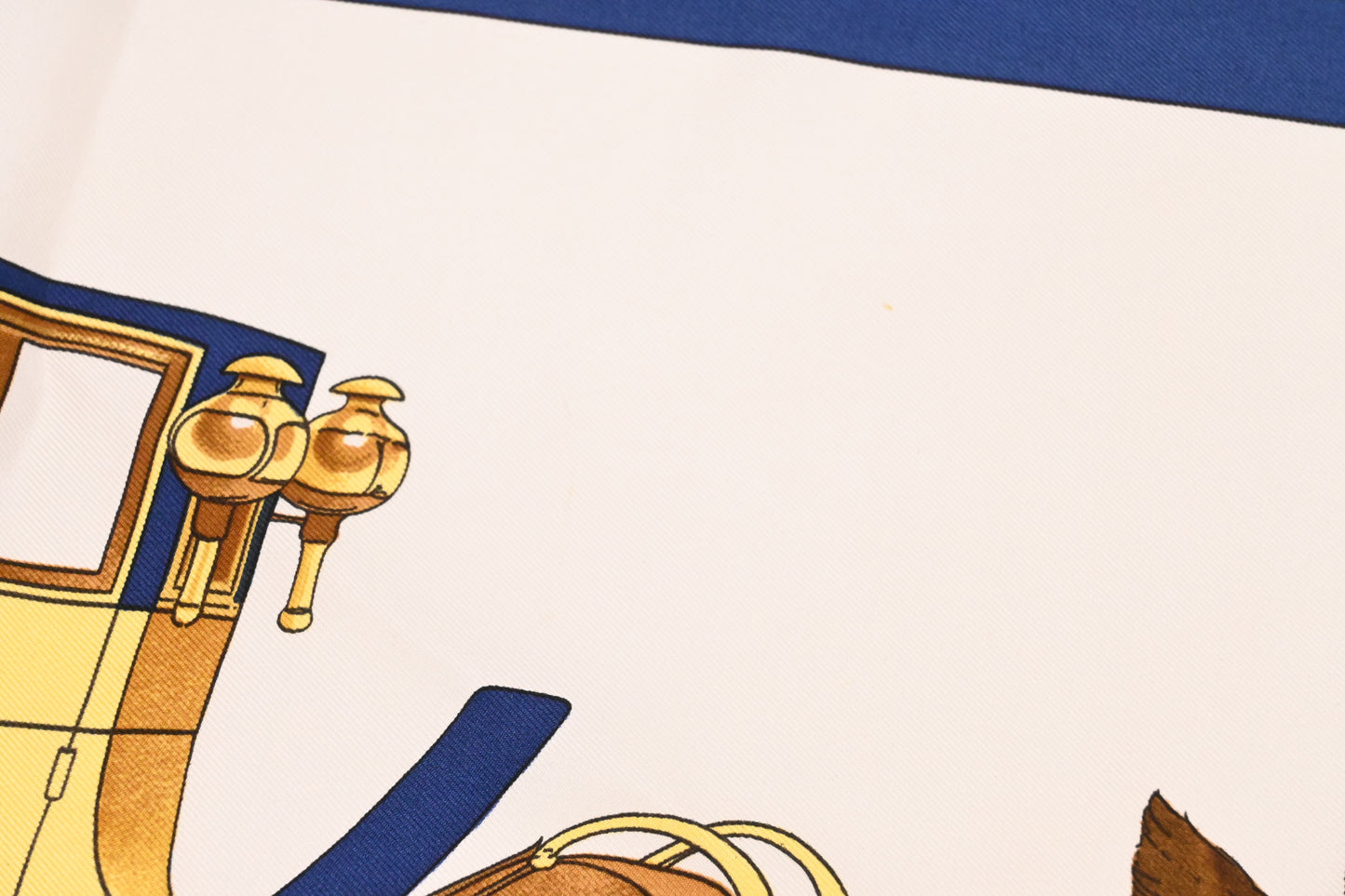 Hermes 'Coach and Saddle' Carre 90 in White and Blue Silk