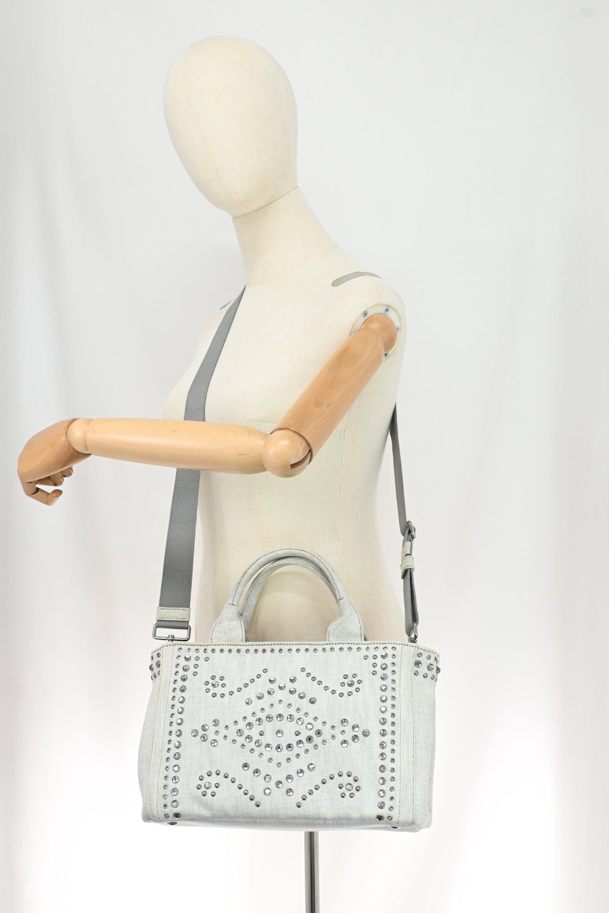 Prada Small Bijoux Canapa in White Studded Denim