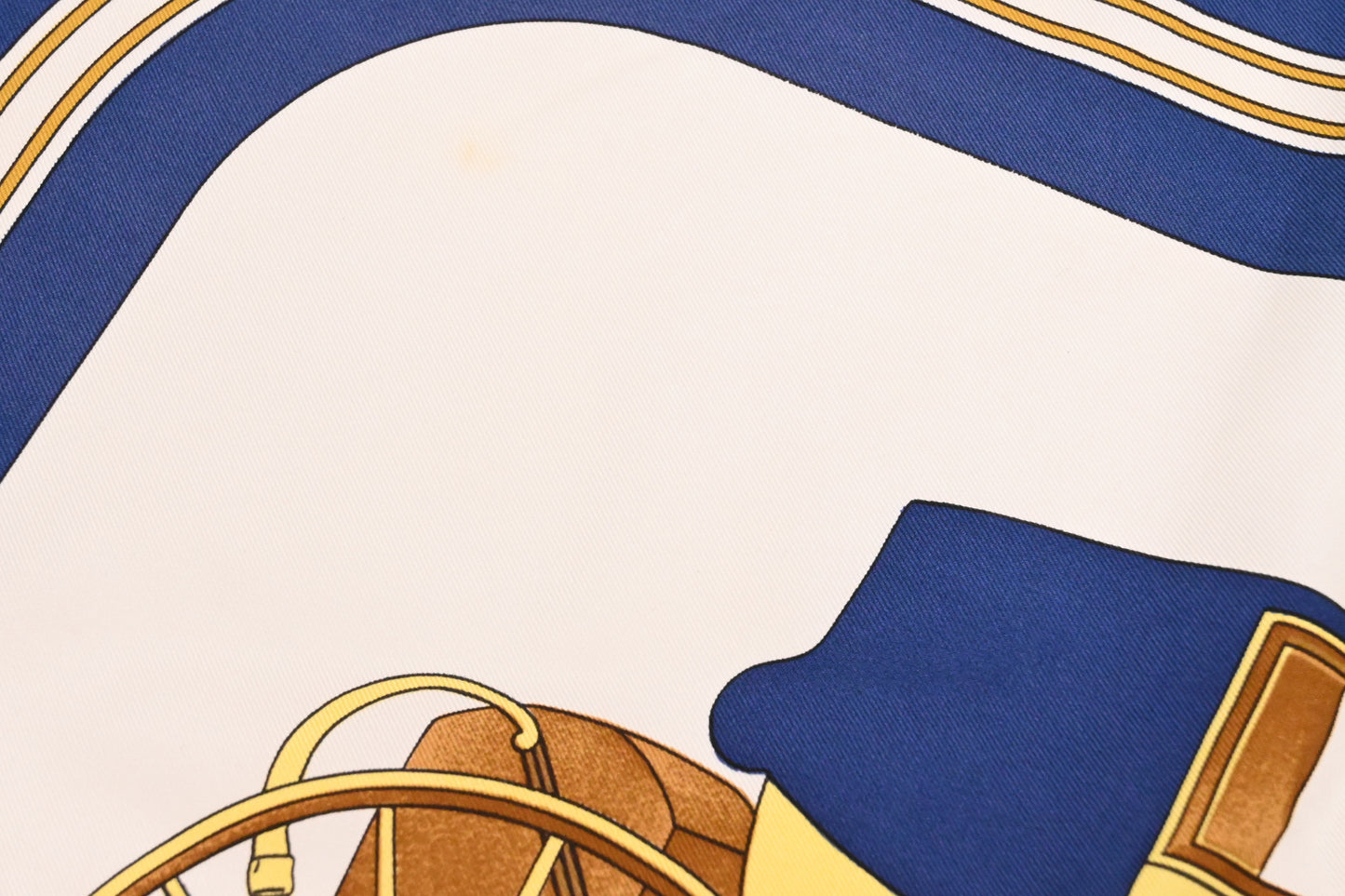 Hermes 'Coach and Saddle' Carre 90 in White and Blue Silk