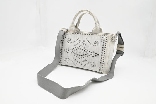 Prada Small Bijoux Canapa in White Studded Denim