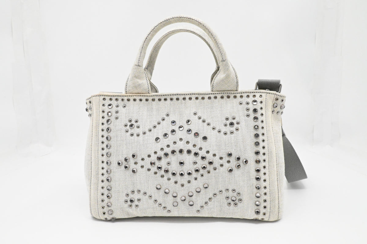Prada Small Bijoux Canapa in White Studded Denim