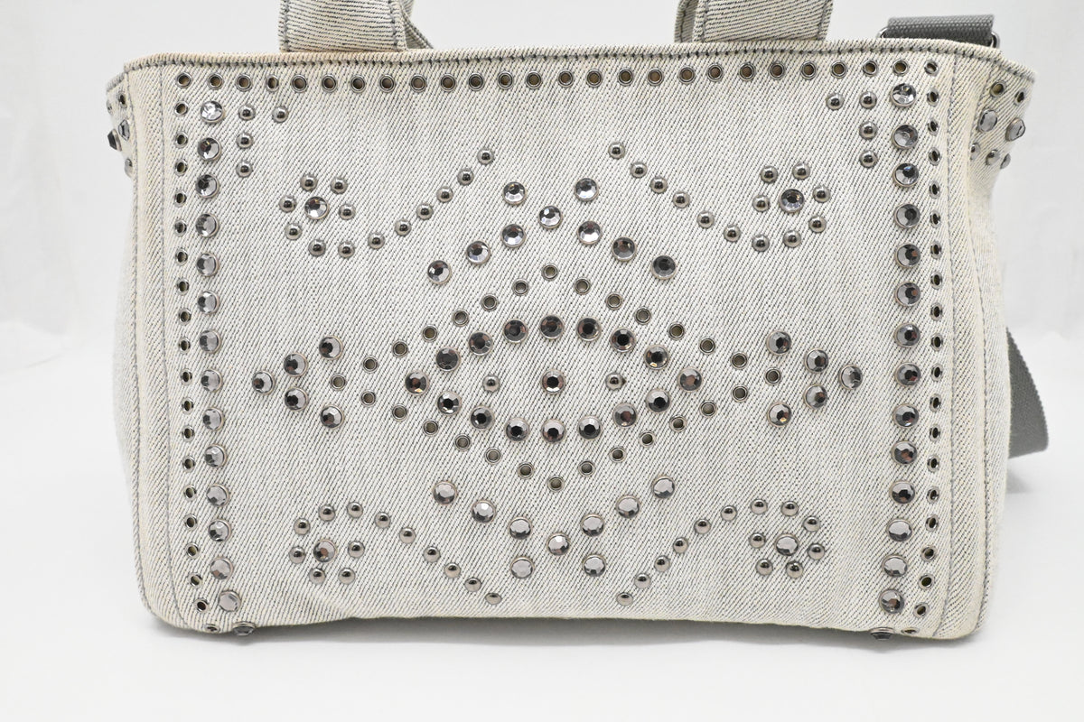 Prada Small Bijoux Canapa in White Studded Denim