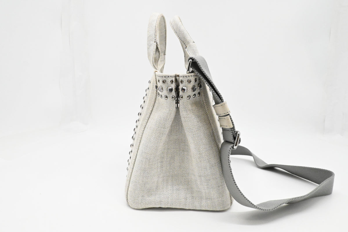 Prada Small Bijoux Canapa in White Studded Denim