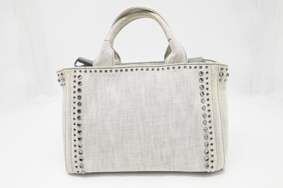 Prada Small Bijoux Canapa in White Studded Denim