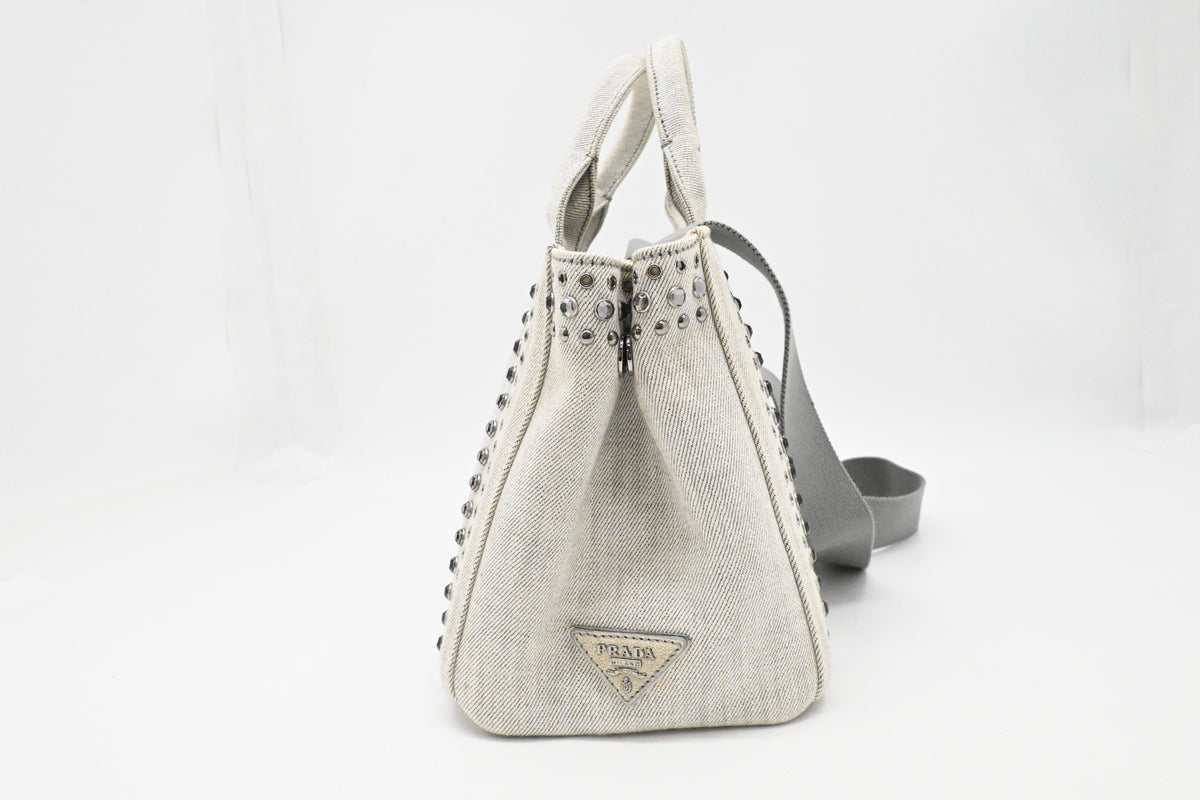 Prada Small Bijoux Canapa in White Studded Denim