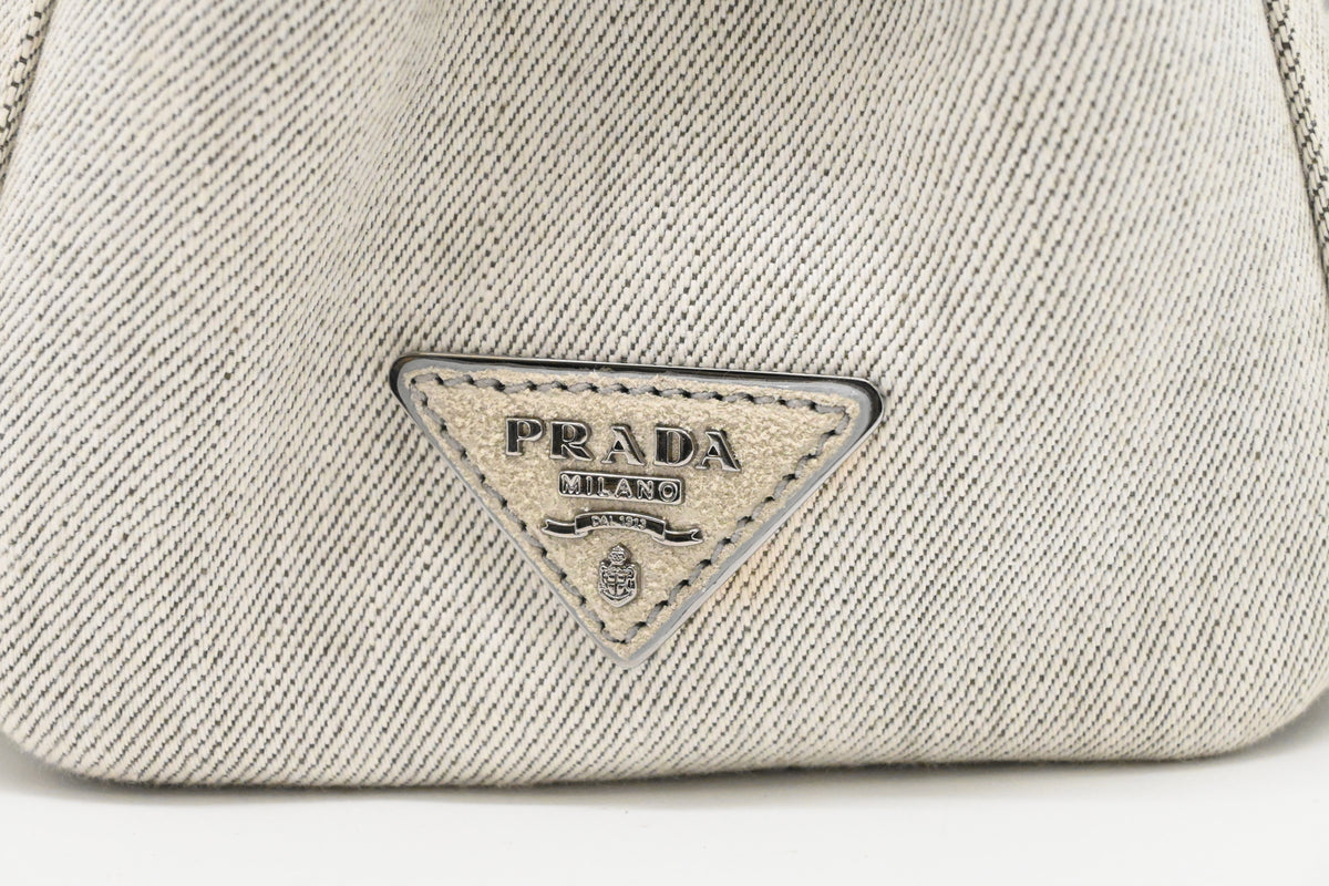 Prada Small Bijoux Canapa in White Studded Denim