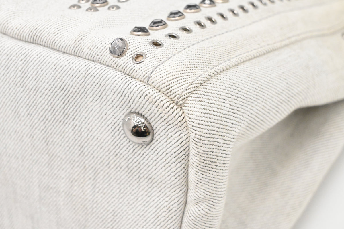 Prada Small Bijoux Canapa in White Studded Denim