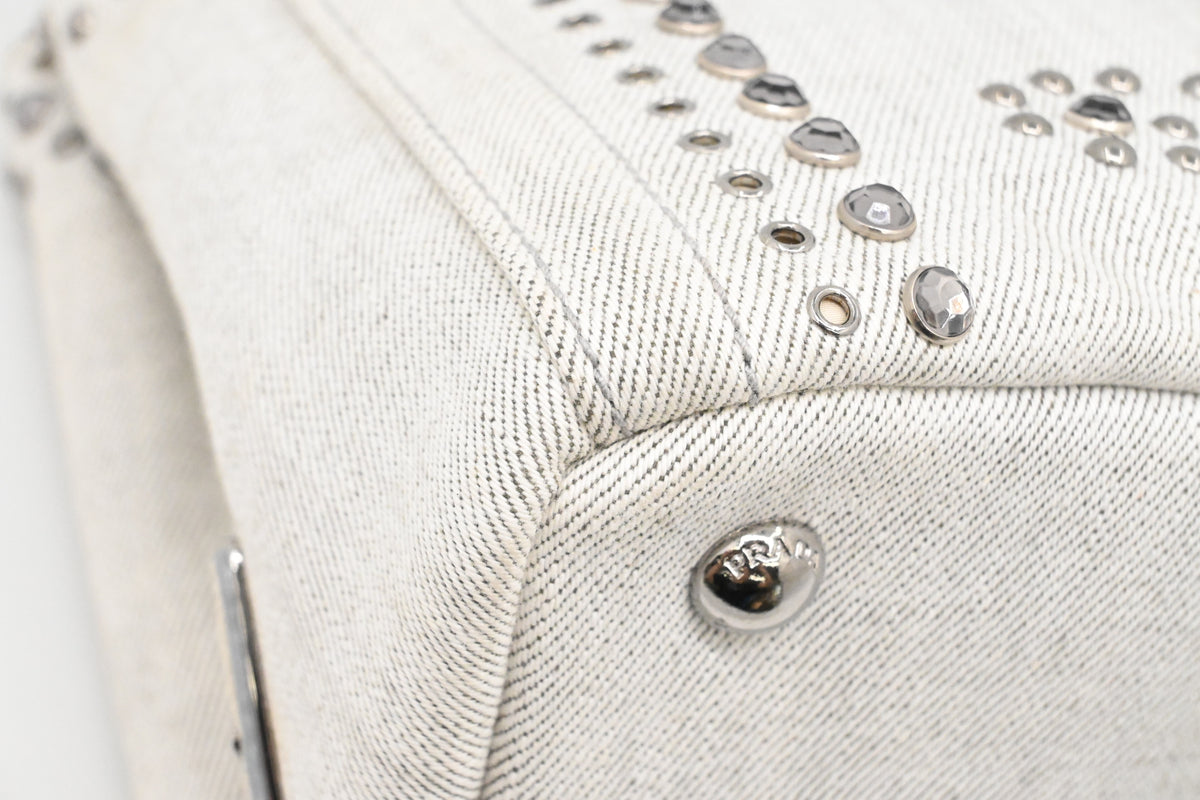 Prada Small Bijoux Canapa in White Studded Denim
