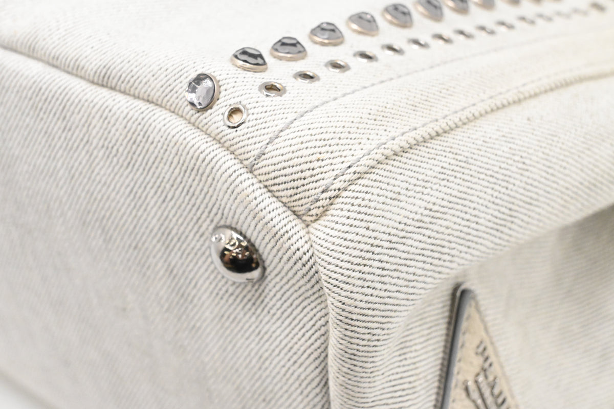 Prada Small Bijoux Canapa in White Studded Denim