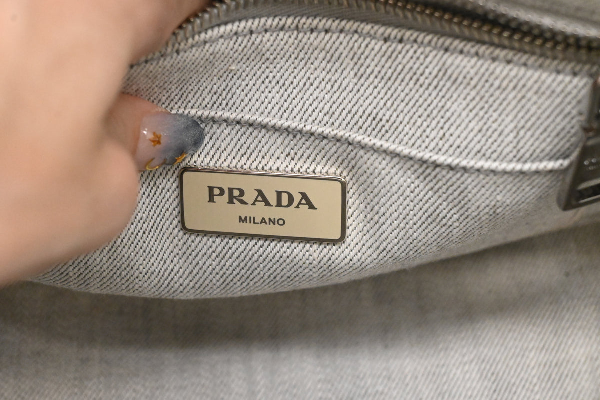 Prada Small Bijoux Canapa in White Studded Denim