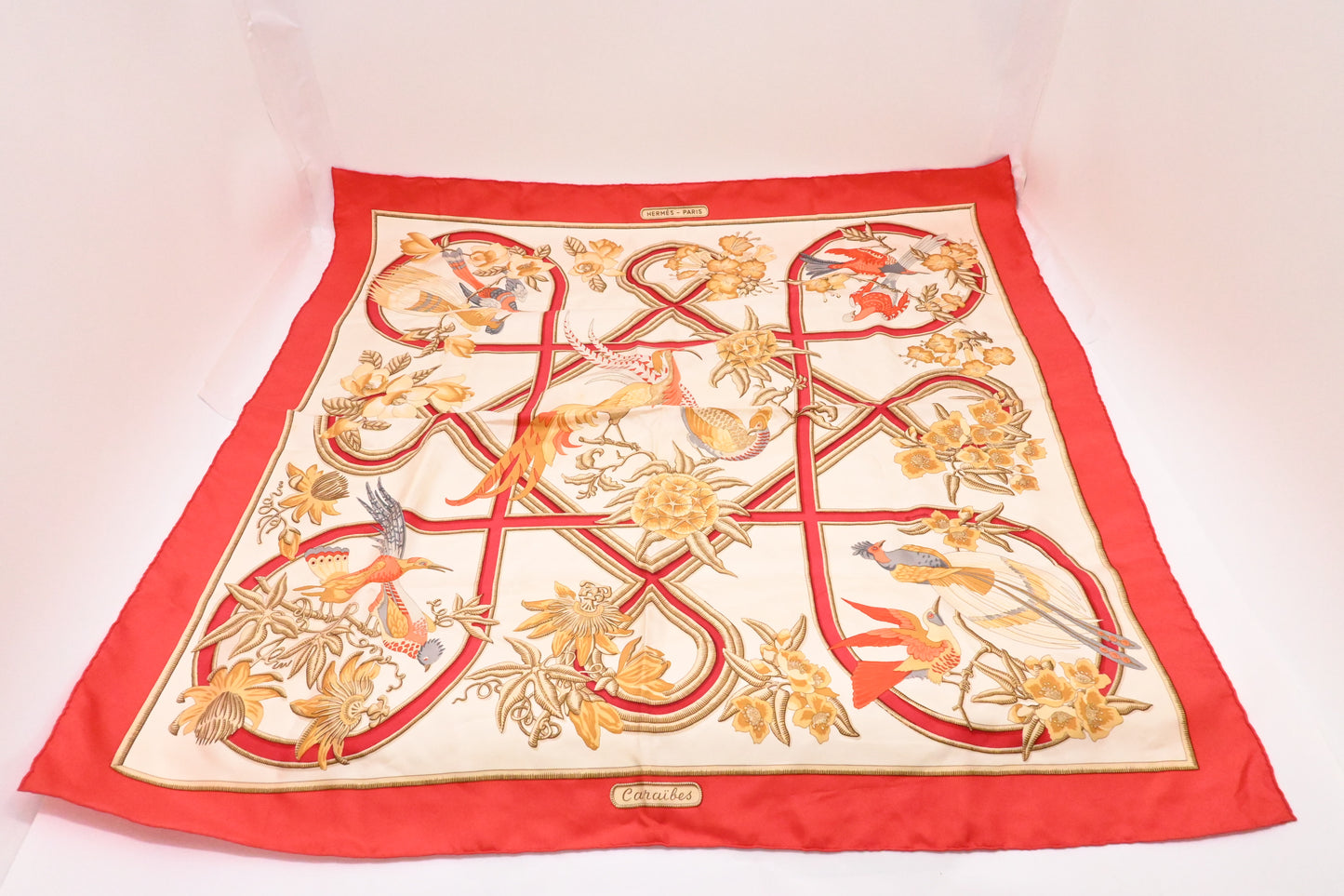 Hermes 'Caraibes' Carre 90 in Light Red Silk