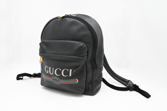 Gucci Logo Print Backpack in Black Leather