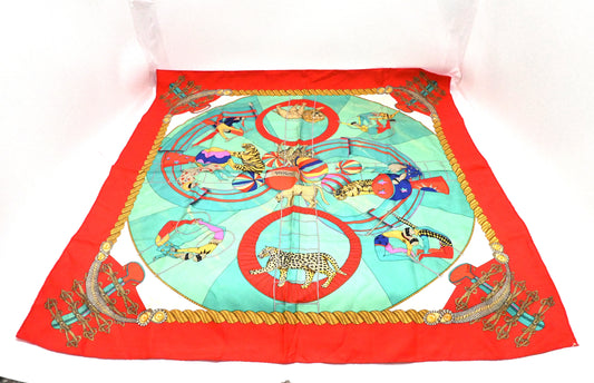 Hermes 'Circus' Carre 90 in Light Red & Turquoise Silk