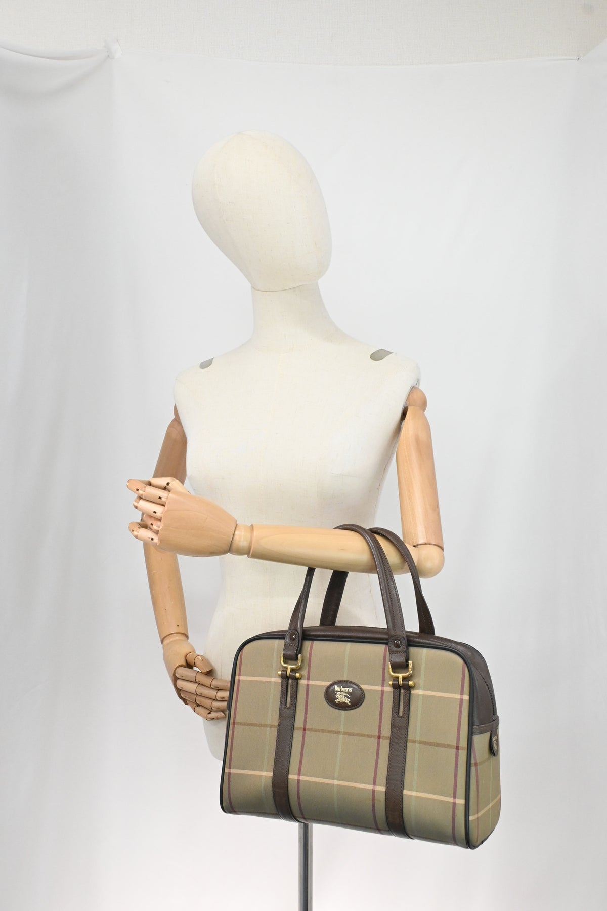 Burberry Boston Bag in Green Checked Canvas
