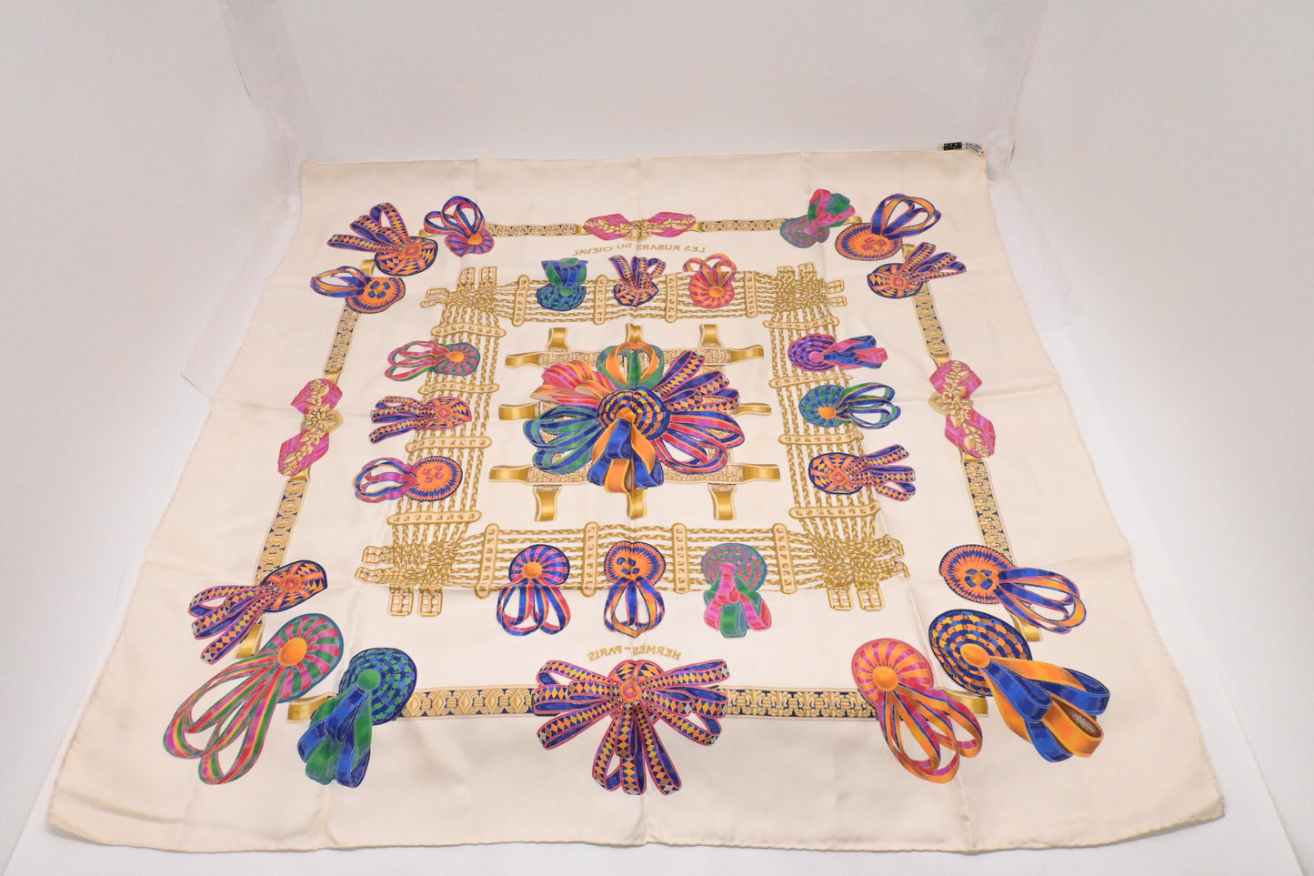 Hermes 'Les Rubain du Cheval' Carre 90 in White Silk