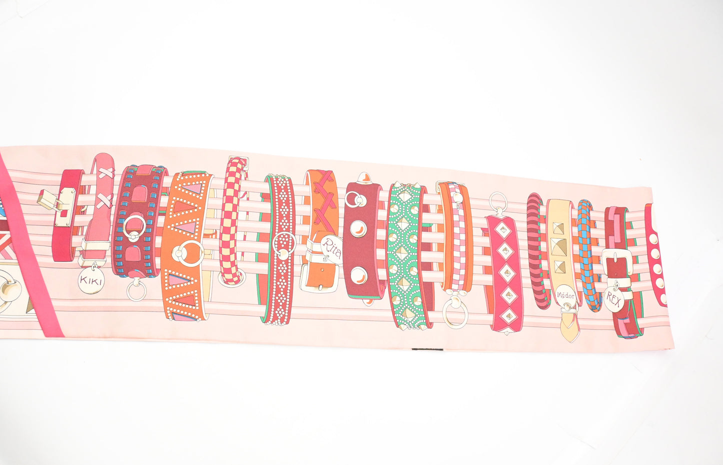 Hermes 'Colliers et Chien' Maxi Twilly in Pink Silk