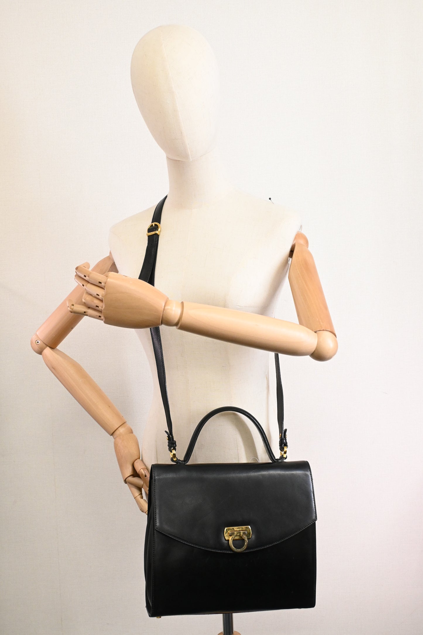 Ferragamo Gancini Two Way Bag in Black Leather