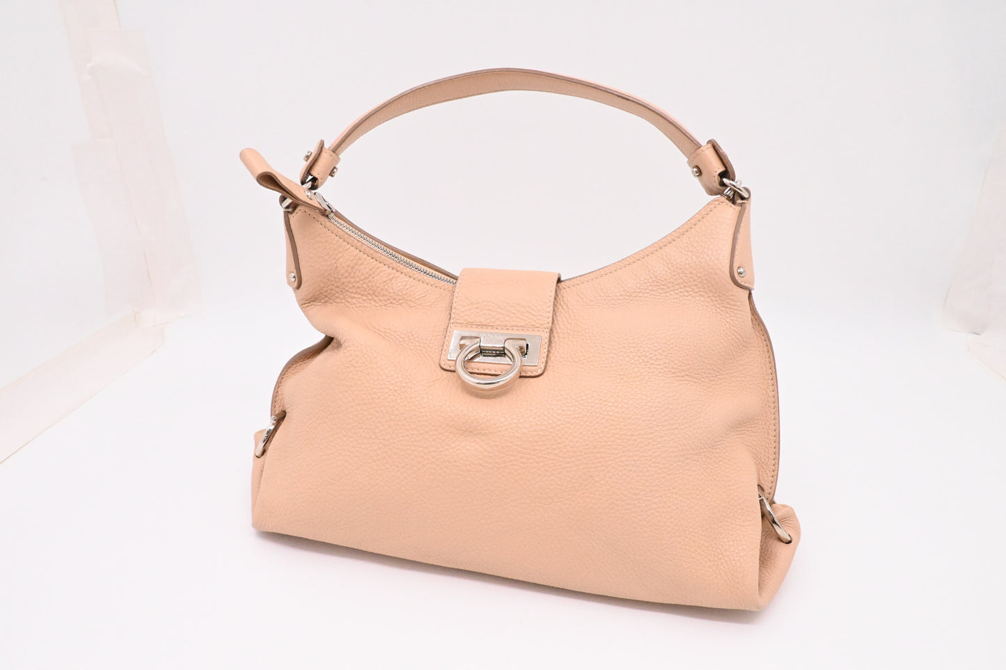 Ferragamo Gancini Hobo Shoulder Bag in Beige Leather