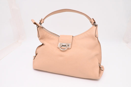 Ferragamo Gancini Hobo Shoulder Bag in Beige Leather
