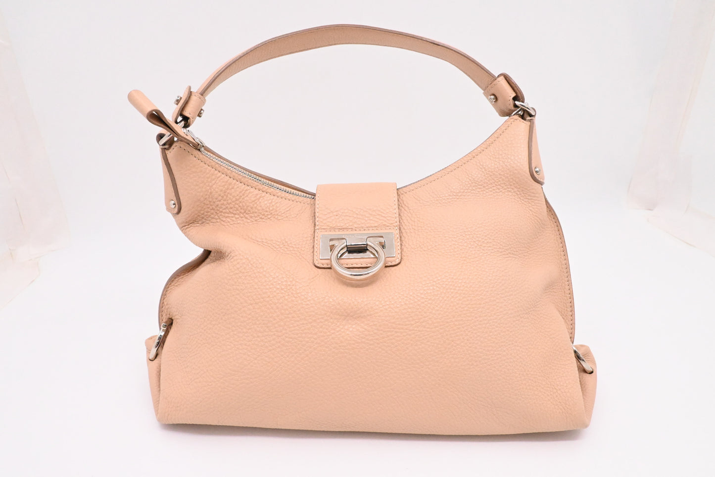 Ferragamo Gancini Hobo Shoulder Bag in Beige Leather