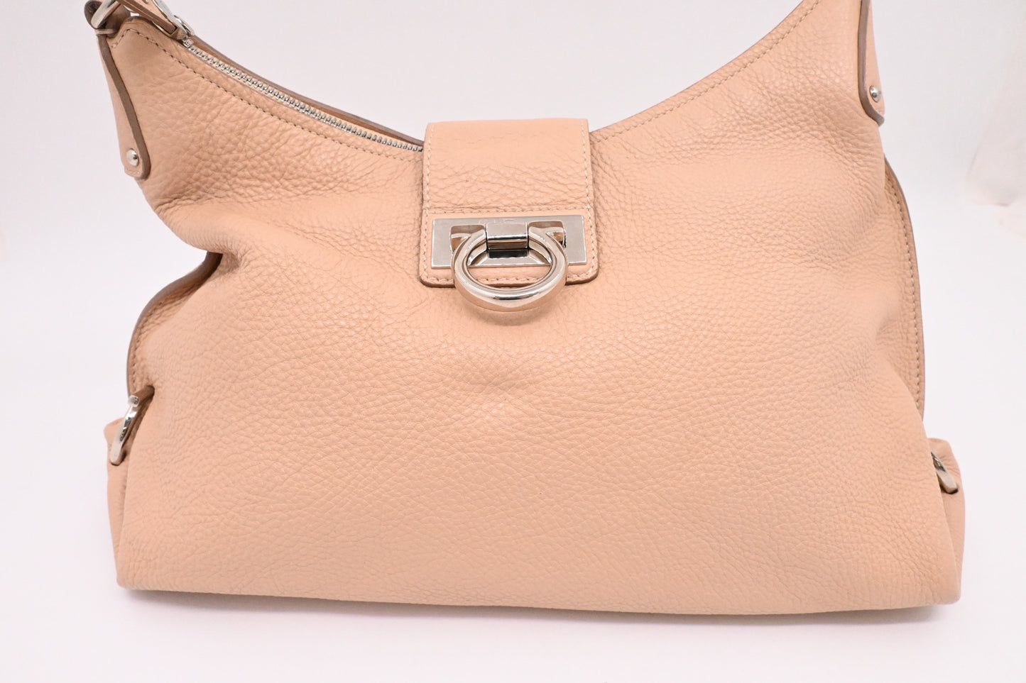 Ferragamo Gancini Hobo Shoulder Bag in Beige Leather