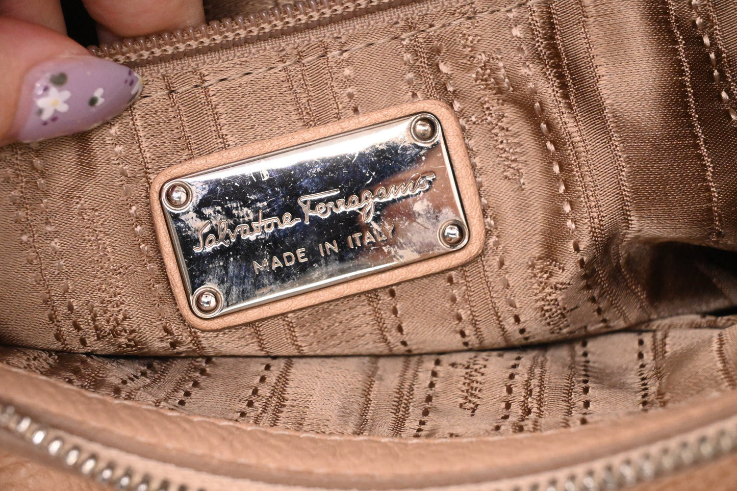 Ferragamo Gancini Hobo Shoulder Bag in Beige Leather