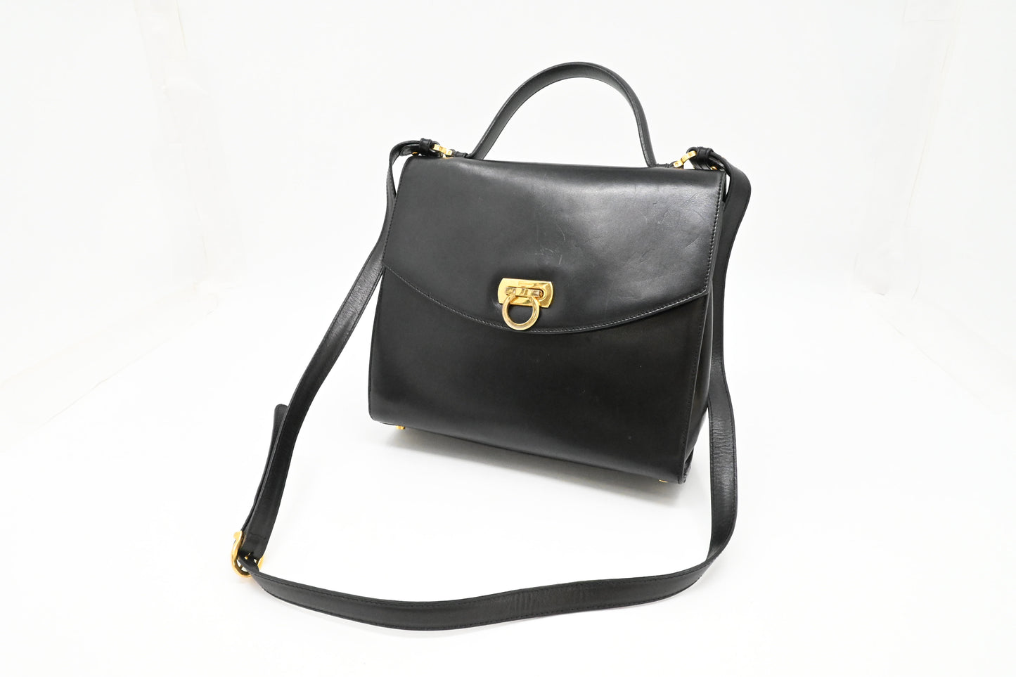 Ferragamo Gancini Two Way Bag in Black Leather