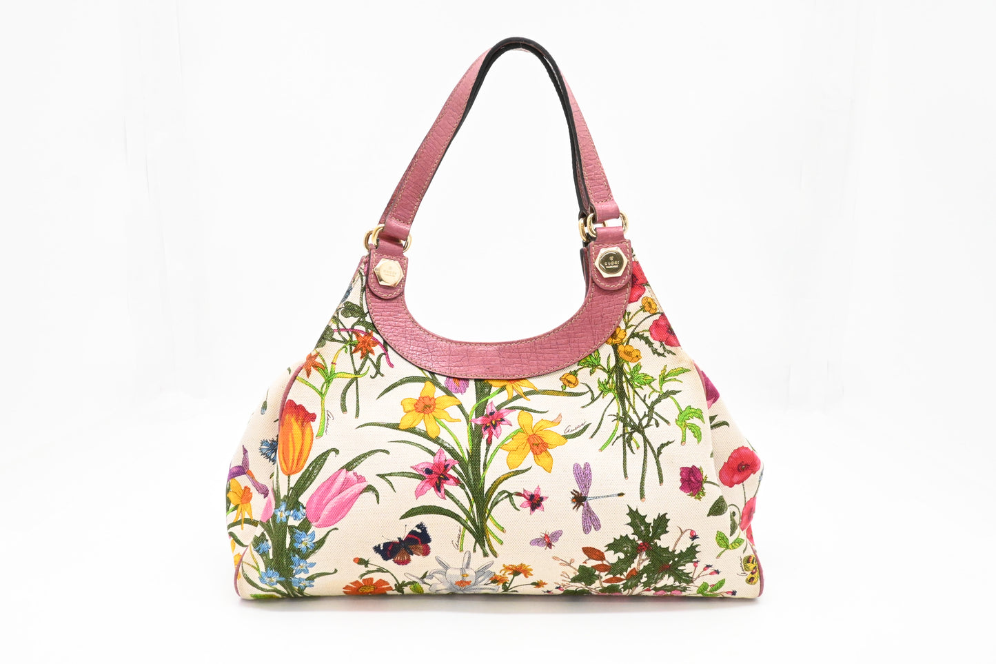 Gucci Charmy Hobo Bag in Floral Canvas and Pink Leather