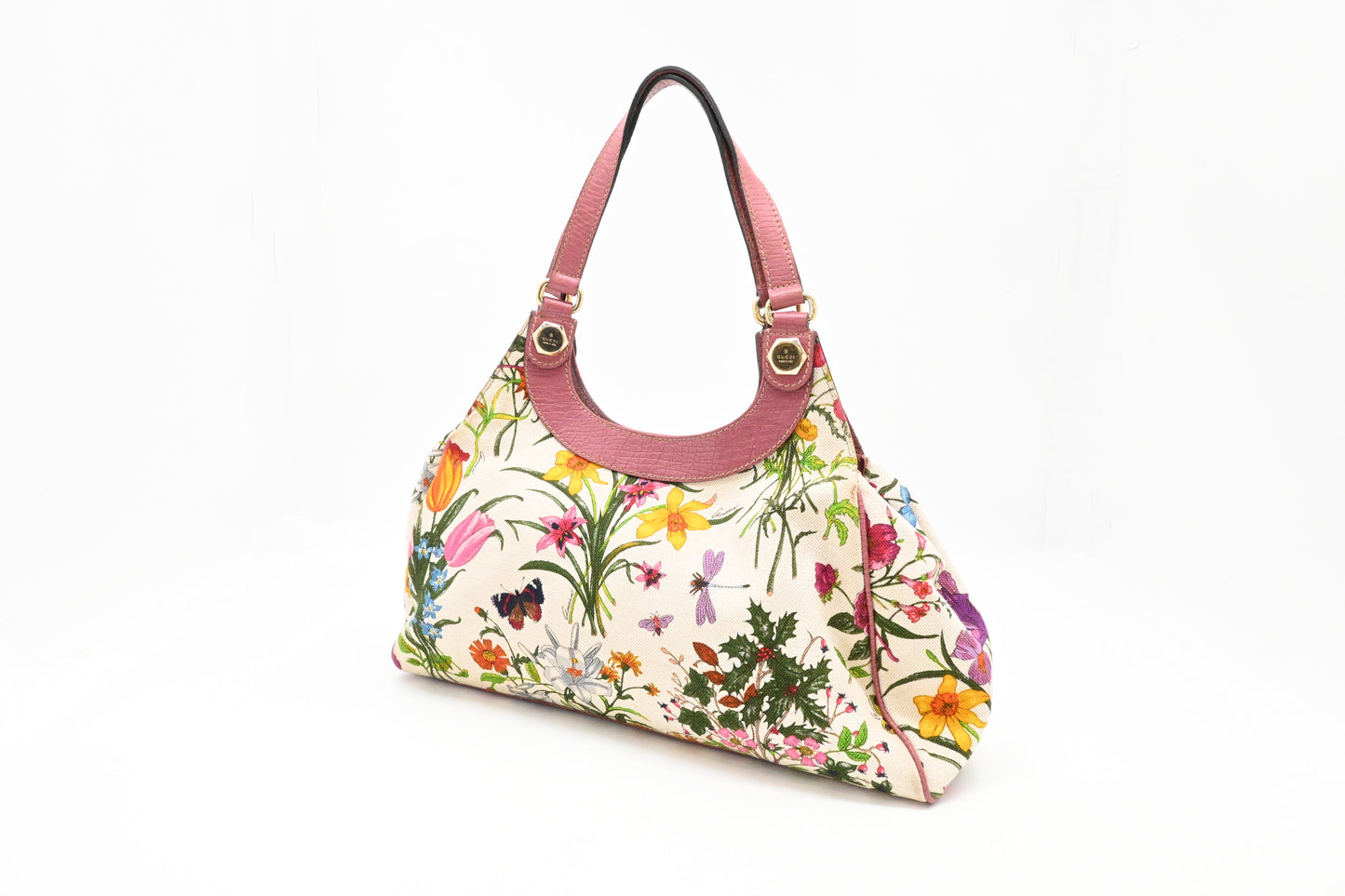 Gucci Charmy Hobo Bag in Floral Canvas and Pink Leather