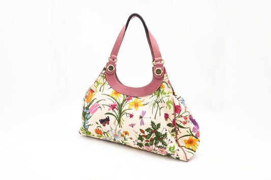 Gucci Charmy Hobo Bag in Floral Canvas and Pink Leather