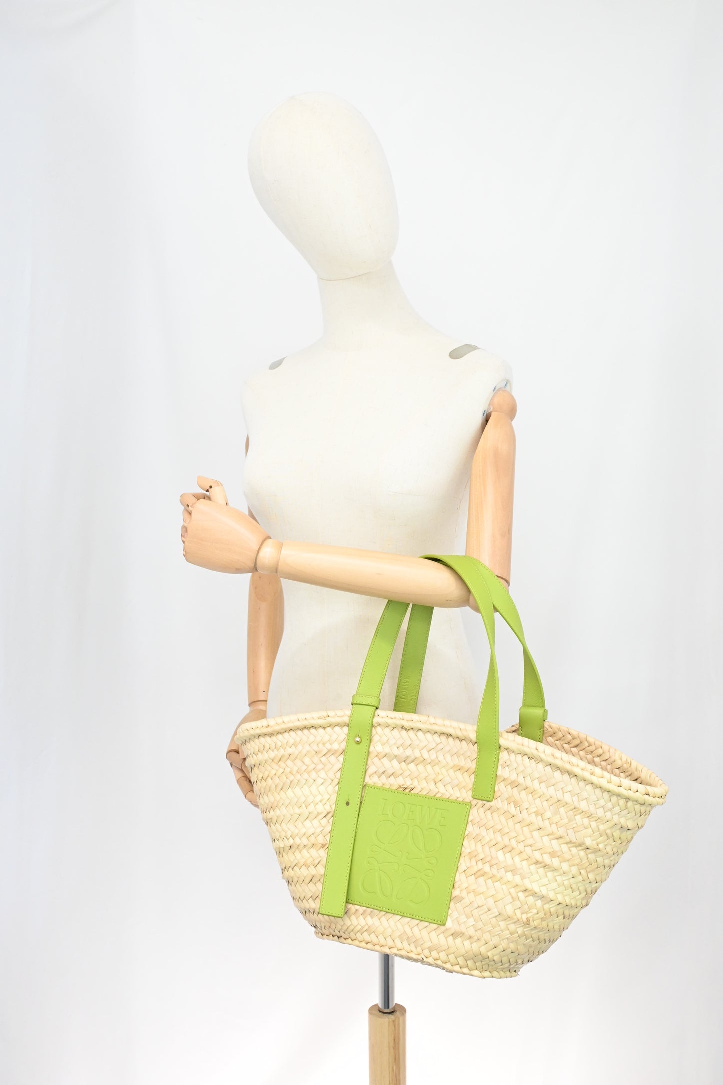 Loewe Basket Bag in Raffia and Green Calfskin