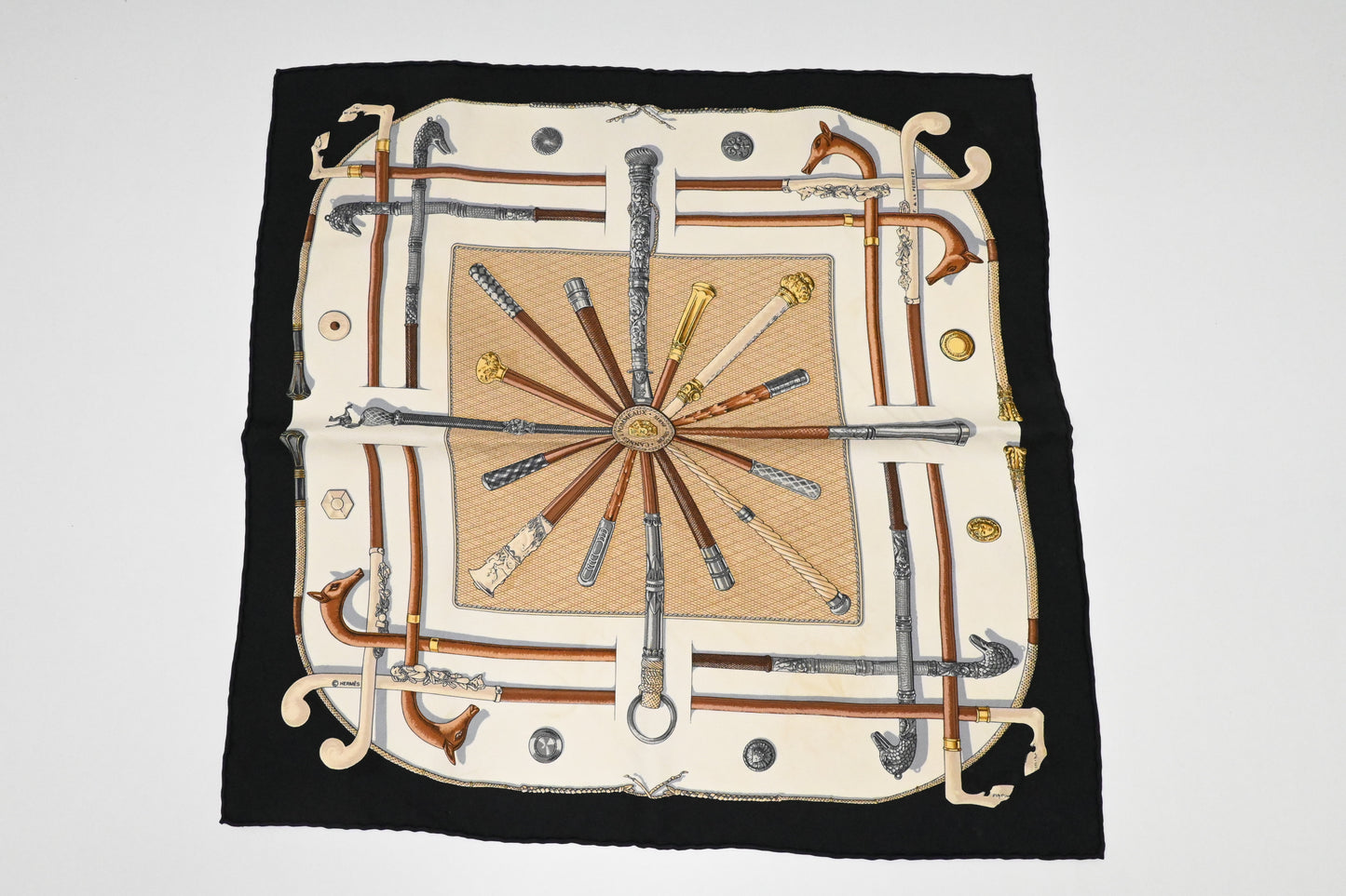 Hermes 'Cannes et Pommeaux' Gavroche in Black and Cream Silk