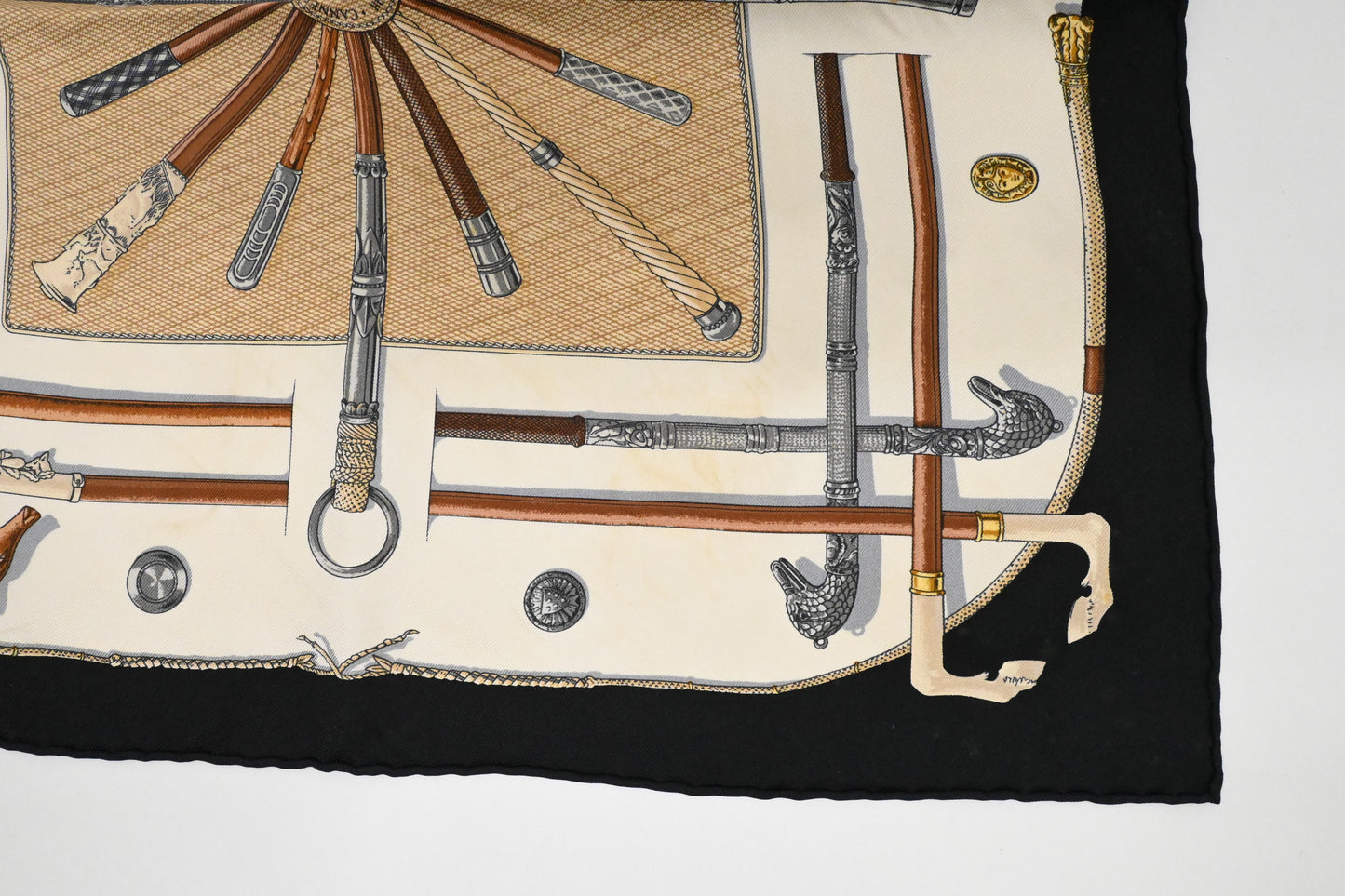 Hermes 'Cannes et Pommeaux' Gavroche in Black and Cream Silk