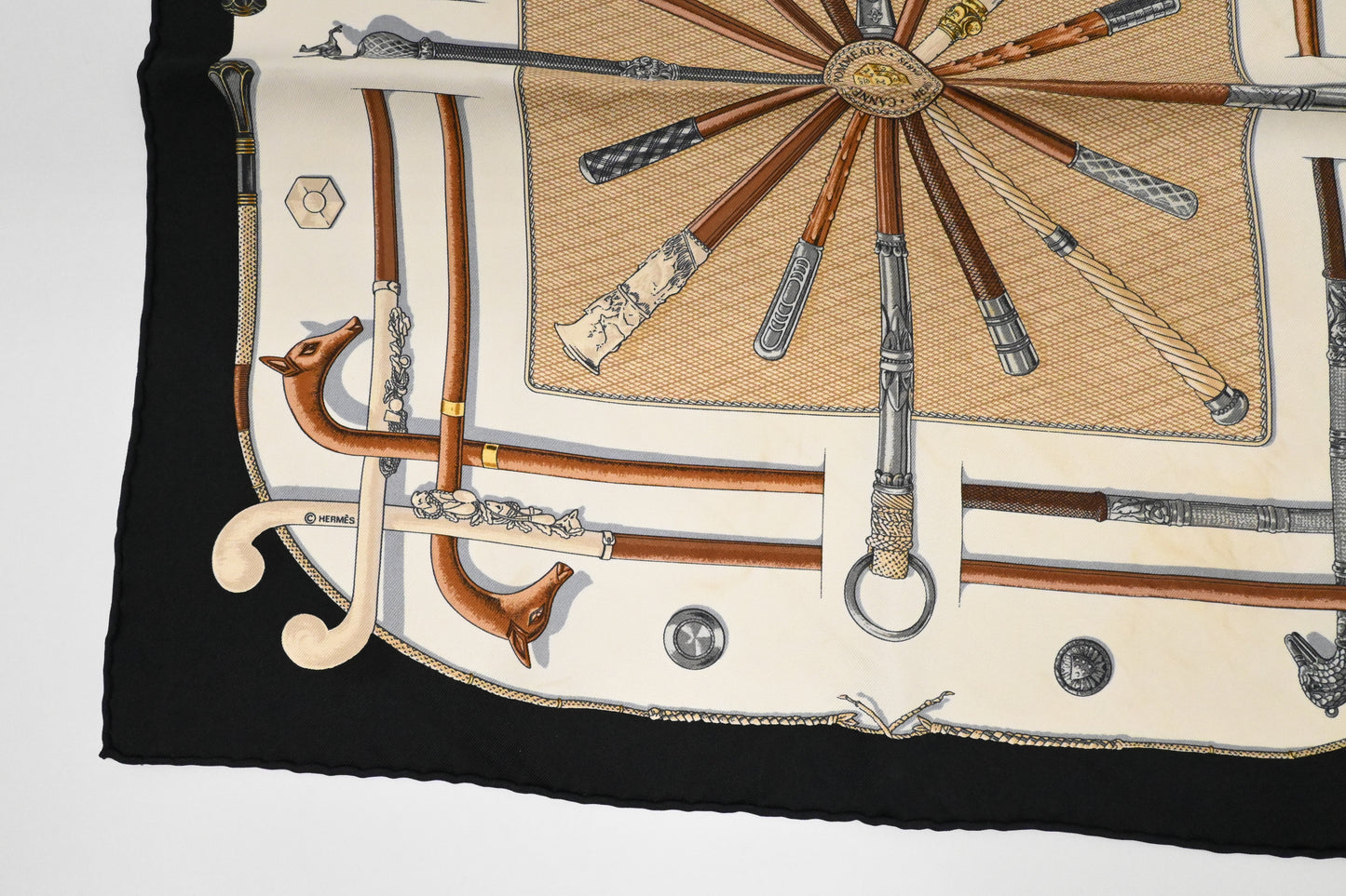 Hermes 'Cannes et Pommeaux' Gavroche in Black and Cream Silk