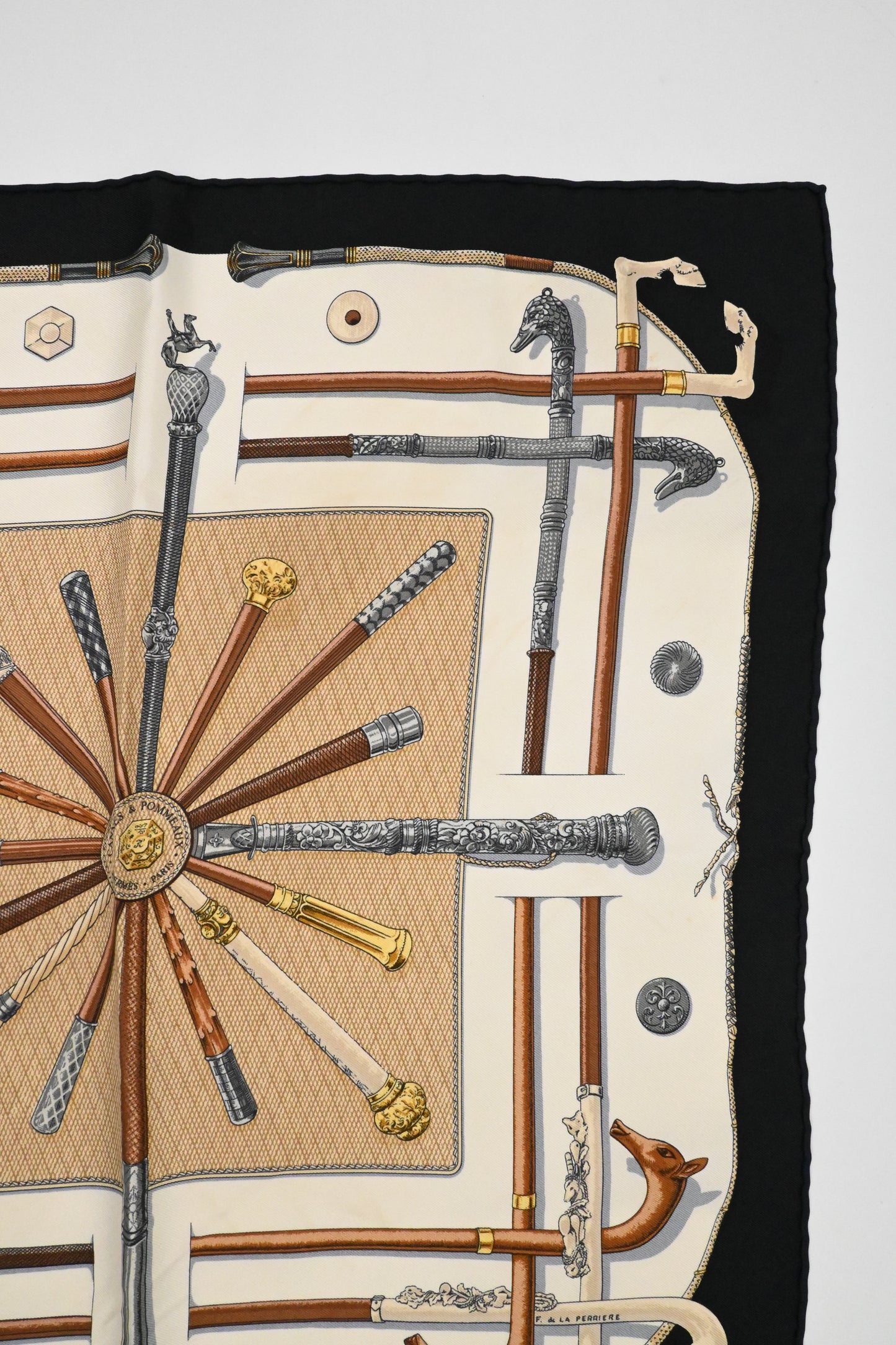 Hermes 'Cannes et Pommeaux' Gavroche in Black and Cream Silk