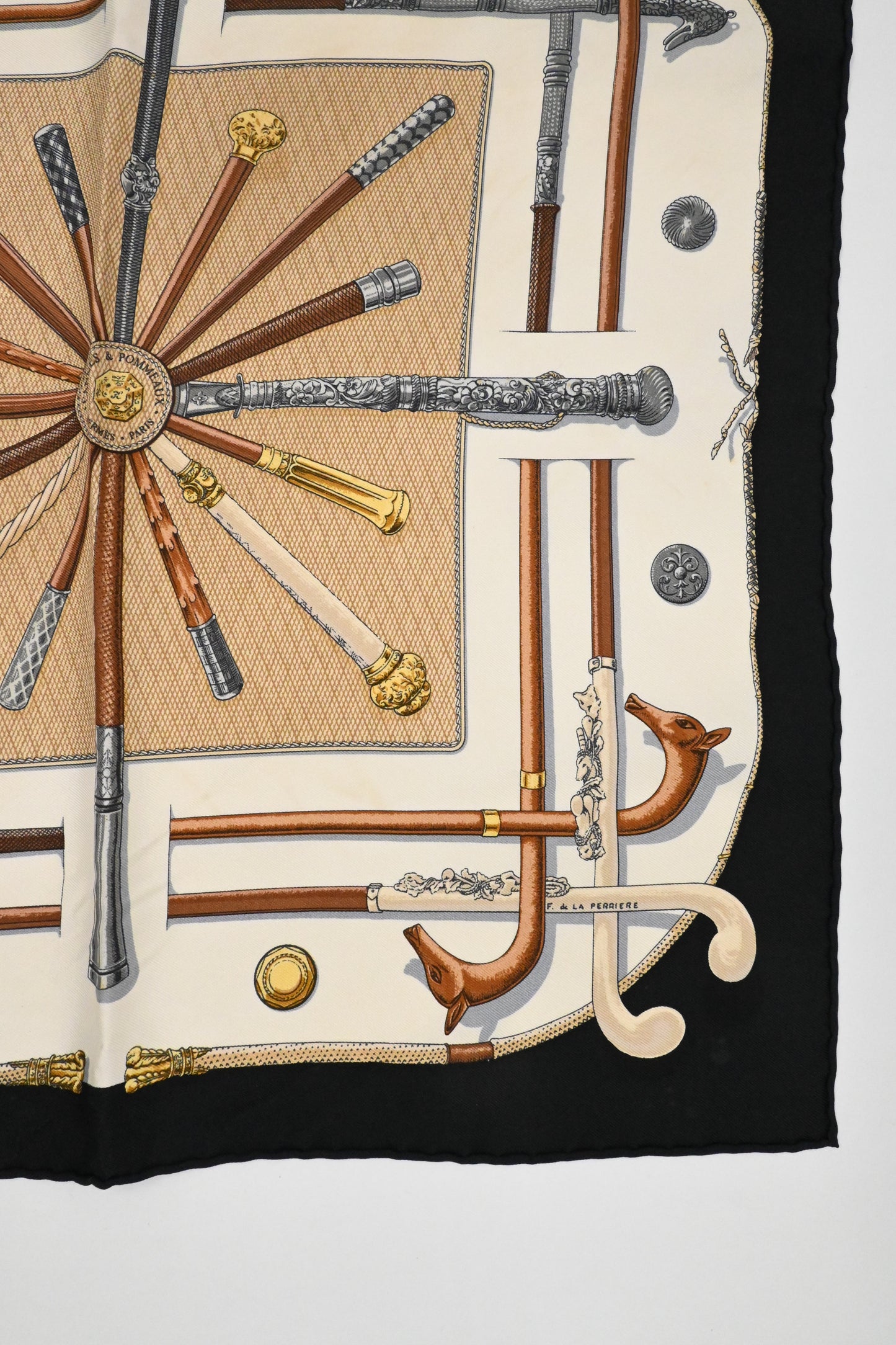 Hermes 'Cannes et Pommeaux' Gavroche in Black and Cream Silk