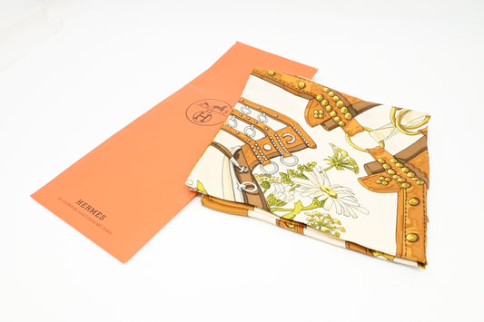 Hermes Carre 90 "Aux Champs" in Brown Silk