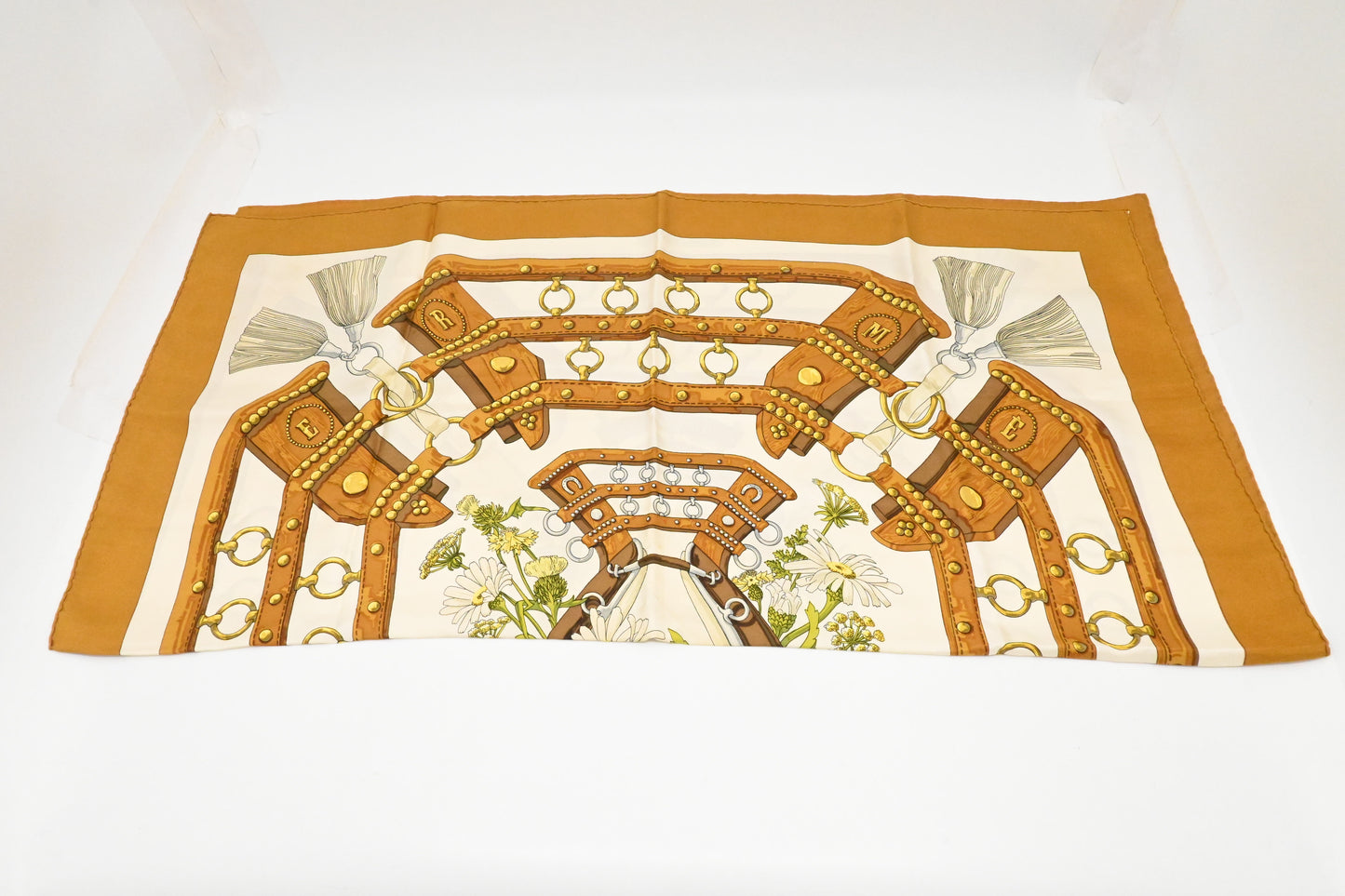 Hermes Carre 90 "Aux Champs" in Brown Silk