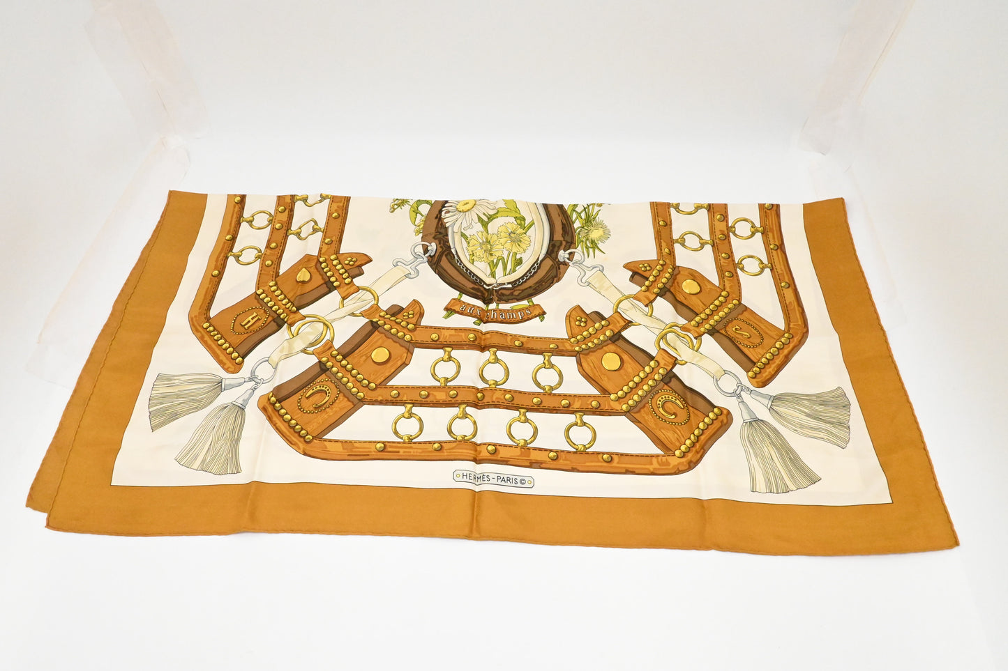 Hermes Carre 90 "Aux Champs" in Brown Silk
