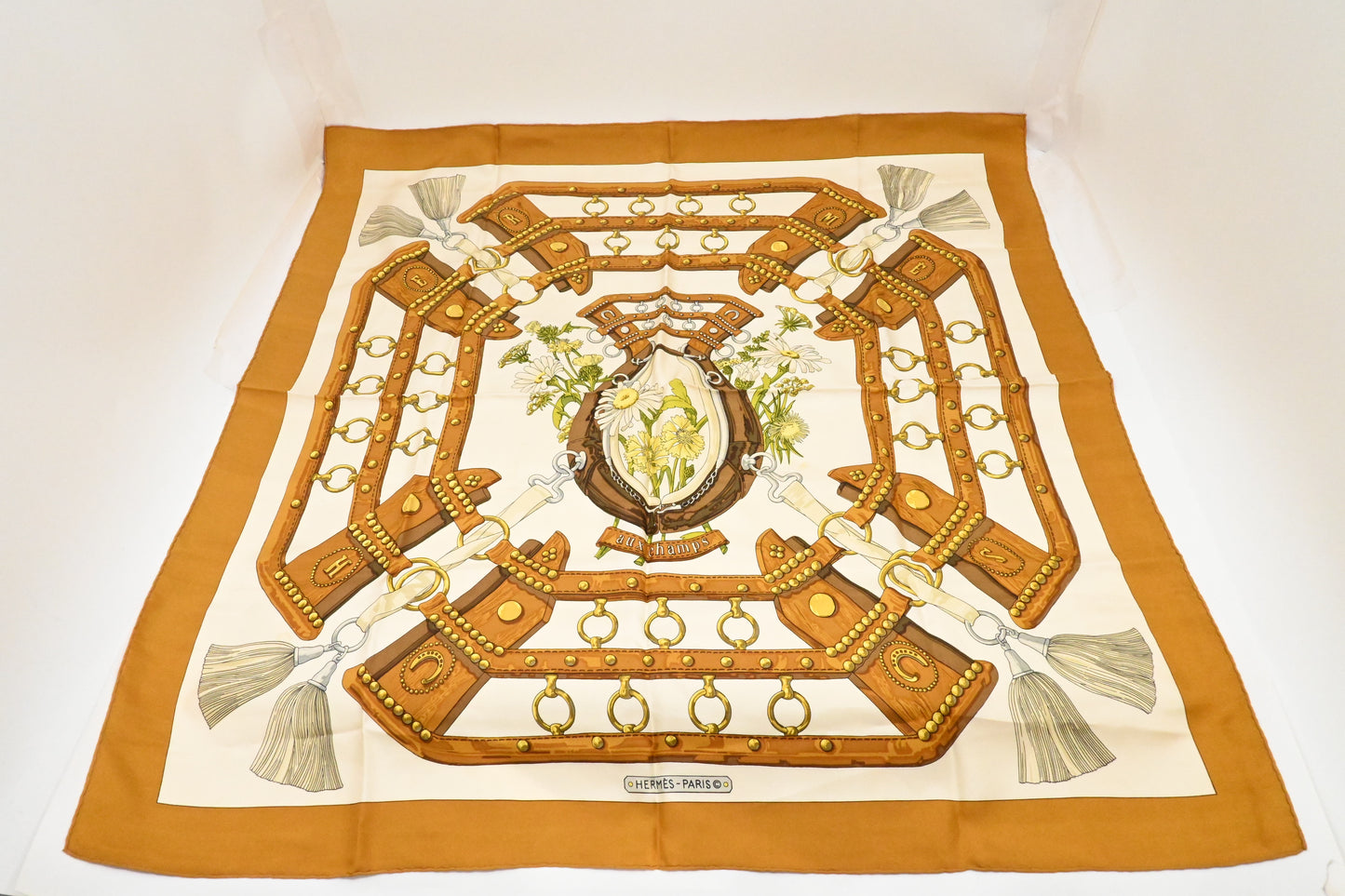 Hermes Carre 90 "Aux Champs" in Brown Silk