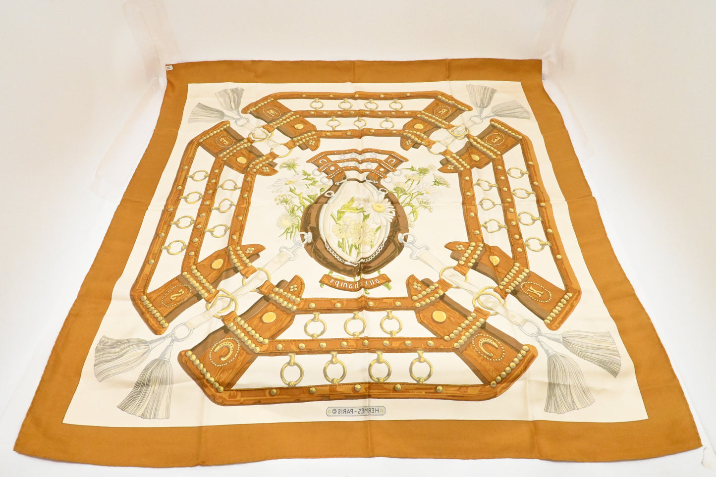 Hermes Carre 90 "Aux Champs" in Brown Silk