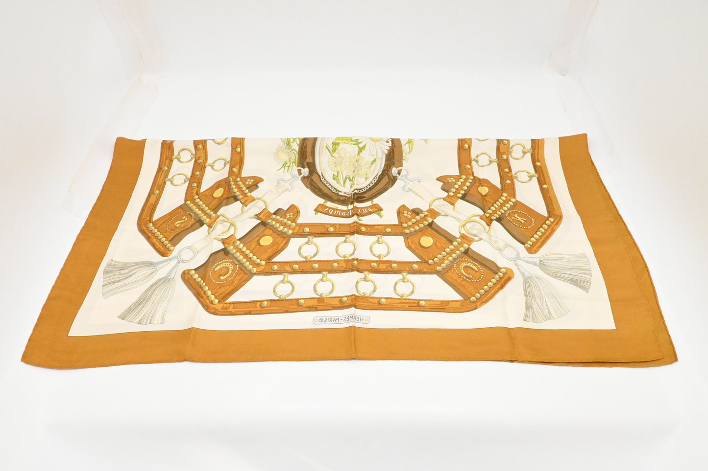 Hermes Carre 90 "Aux Champs" in Brown Silk