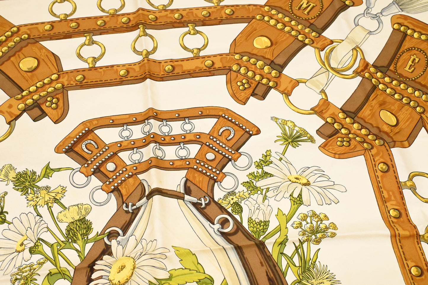 Hermes Carre 90 "Aux Champs" in Brown Silk
