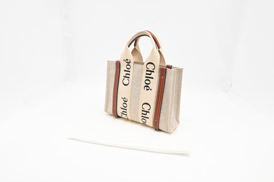 Chloe Woody Small Tote in Beige Canvas