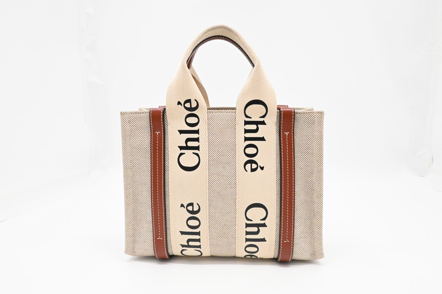 Chloe Woody Small Tote in Beige Canvas